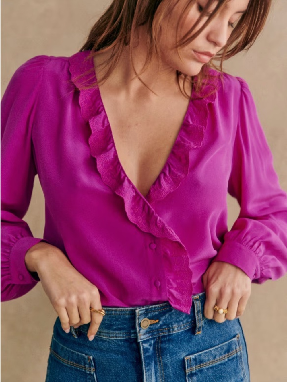 Sezane Rosine Silk Fuschia Blouse 40